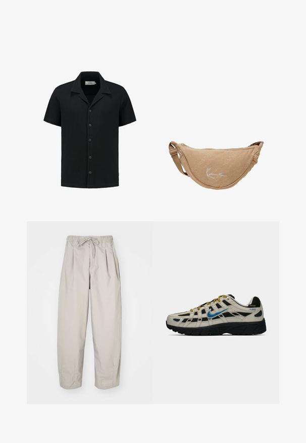 Czarna koszula z krótkim rękawem wykonana z teksturowanej, wafelowej tkaniny, z zapinaniem na guziki z przodu oraz klasycznym kołnierzykiem. Posiada pięć guzików i subtelną markę.; Beżowe, lekkie spodnie z elastycznym pasem i sznurkiem do regulacji. Posiadają pliski i luźny krój, wykonane z miękkiego, gładkiego materiału.; Beżowo-czarny sneaker Nike P-6000 z niebieskim logo, żółtymi sznurówkami, czarną podeszwą i etykietą z tkaniny Cordura na pięcie.; Nerka z tkaniny teddy w jasnobrązowym kolorze, w kształcie lekko zaokrąglonym, z zamkiem błyskawicznym i białym logo. Regulowany pasek dla komfortu noszenia.