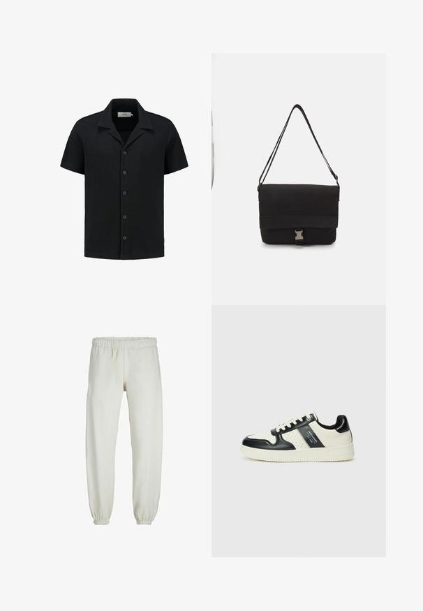 Camisa negra de manga corta con una textura de tela tipo waffle, con botones al frente y un diseño de cuello clásico. Presenta cinco botones y un logotipo sutil.; Pantalones de chándal blancos hechos de una tela suave, con cinturilla y puños elásticos, que presentan una textura suave y un diseño holgado.; Zapatillas de cuero con un esquema de colores negro y crema, que cuentan con acentos perforados, un collar acolchado y una suela texturizada.; Bolso mensajero negro hecho de material suave, con solapa plegable, herraje de cierre plateado y correa de hombro ajustable.