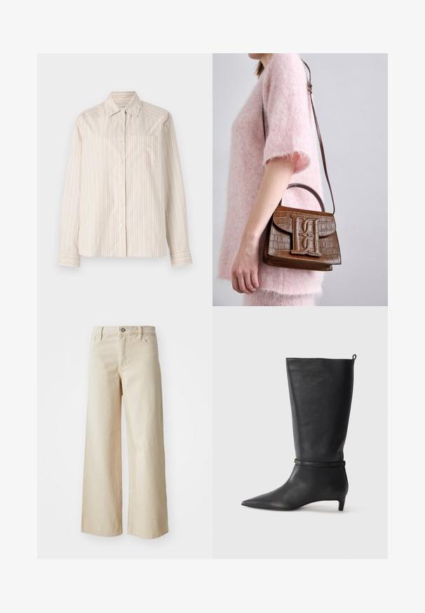 Košulja dugih rukava u svijetlo bež boji s vertikalnim prugama u krem i svijetlo narančastoj. Ima ovratnik i jedan džep na prsima.; Bež traperice širokih nogavica, s visokim strukom, kopčanjem na gumb, petljama za remen i bočnim džepovima. Glatka tekstura i ležeran kroj.; Crne kožne čizme visine do koljena s izduženim prstima, ukrašene okruglom trakom oko gležnja i niskom, suženom petom. Glatka tekstura.; Smeđa torba od krokodilske kože s gornjom ručkom i naramenicom. Ima istaknuti logo na prednjem preklopu. Mekana tekstura.