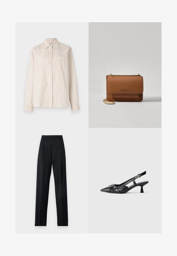 Cămașă cu mânecă lungă în bej deschis, cu dungi verticale în crem și portocaliu pal. Are guler și un singur buzunar pe piept.; Pantaloni negri dintr-un material neted, cu talie înaltă, picioare largi, pliuri frontale și loop-uri clasice pentru curea. Fără buzunare laterale vizibile.; Pantofii slingback din piele neagră, cu vârful ascuțit, curele decorative cu ochiuri din metal și toc bloc mic. Suprafață texturată.; Geantă crossbody din piele texturată maro, cu curea din lanț aurit și închidere cu clapetă. Partea din față prezintă detalii cu logo și o buzunar sub clapetă.