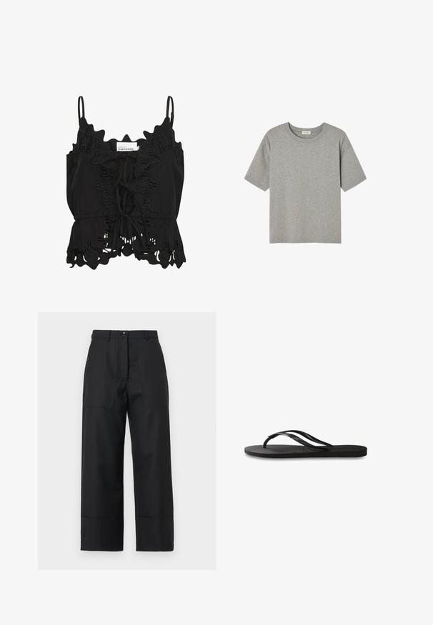Top senza maniche nero con bordi arricciati, dettagli in pizzo intricati e un fiocco sul davanti, realizzato in un tessuto leggero.; T-shirt grigia a maniche corte in morbido cotone, con scollo rotondo e vestibilità rilassata, priva di motivi o dettagli evidenti.; Pantaloni neri a gamba larga realizzati in tessuto liscio. Presentano una chiusura con bottone, tasche anteriori e linee pulite. L'orlo è leggermente svasato.; Infradito neri con suola in gomma testurizzata, due cinghie sottili e un sottile dettaglio del logo impresso sulla cinghia.