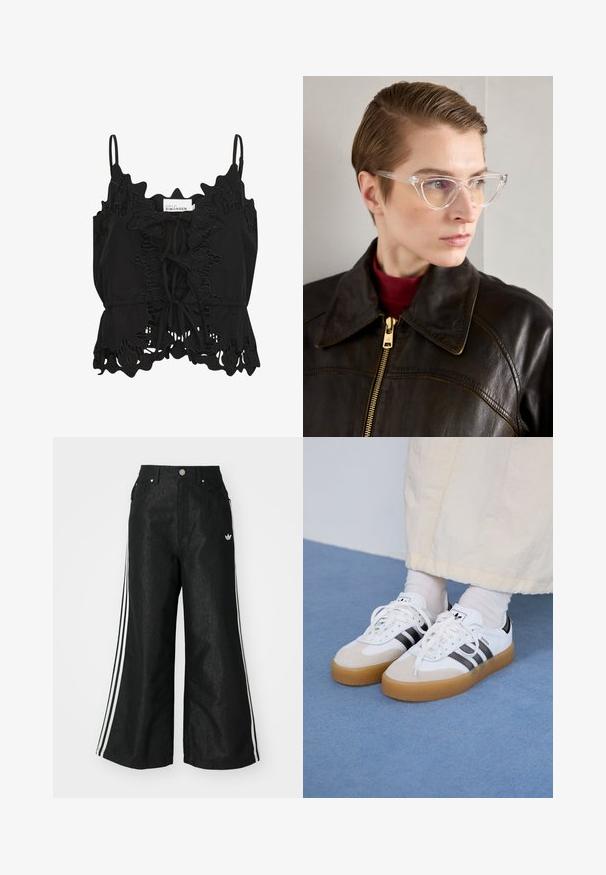 Top senza maniche nero con bordi arricciati, dettagli in pizzo intricati e un fiocco sul davanti, realizzato in un tessuto leggero.; Pantaloni in denim neri a gamba larga con tre strisce bianche su ciascun lato e un piccolo logo bianco. Presentano tasche frontali e chiusura con bottone.; Sneakers bianche con strisce nere e accenti in suede beige. Presentano una suola in gomma texturizzata e lacci bianchi piatti, indossate con calzini di colore chiaro.; Occhiali cat-eye in acetato trasparente con lenti gialle, indossati da una persona con giacca di pelle nera e dolcevita rossa. Texture liscia.