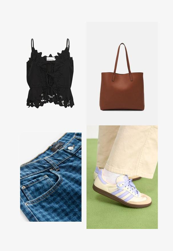 Must kõhulahtine särk, millel on volangid, keerukas pitsidetail ja ees sidumisvõimalus, valmistatud kergest kangast.; Sinine denimist valmistatud teksased, millel on nähtavad õmblused ja nööbiga sulgemine. Omab esipocketit, tekstuurset kangast ja vöödise märgist.; Kreemi ja lavendlivärvi tenniset, millel on kolm triipu ja tekstuuriga pruun tall, varustatud paelte ja pehmendatud kontsaga. Pehme kangast ülemine osa.; Pruun nahast tote-kott, millel on sile tekstuur, avatud ülaosa disain ja kaks õlarihma. Omab minimaalset õmblust ja nähtavat riistvara ei ole.