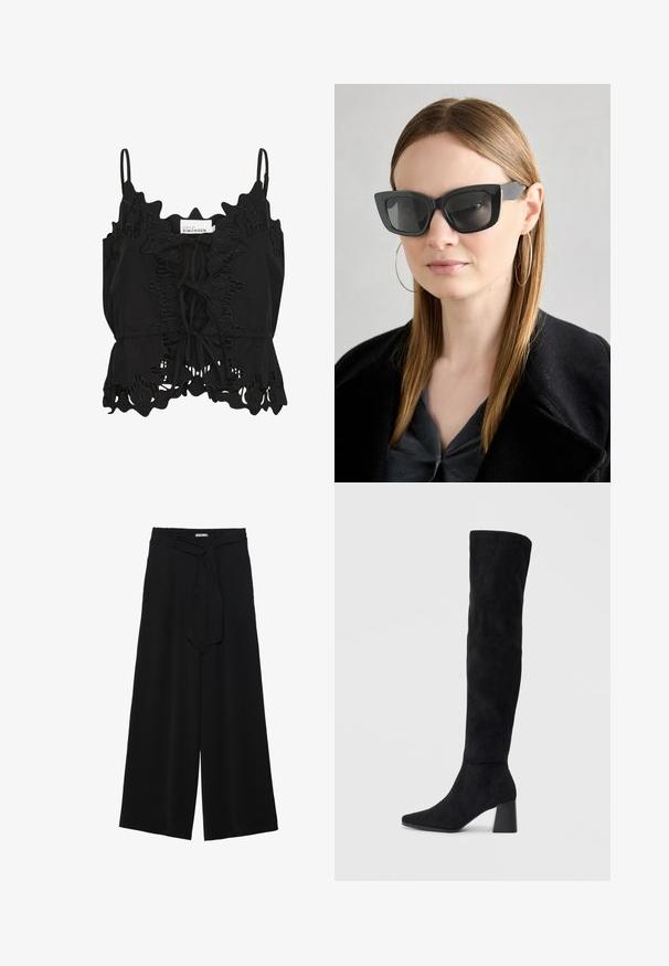 Schwarzes ärmelloses Top mit Rüschenkante, filigranen Spitzenverzierungen und einer Schleife vorne, aus einem leichten Stoff gefertigt.; Schwarze weite Hosen aus strukturiertem Stoff, mit elastischem Bund und einem abnehmbaren Bindegürtel in der Taille für eine verstellbare Passform.; Schwarze Wildleder-Stiefel bis zum Knie mit Blockabsatz, spitzer Zehe und glattem, nahtlosem Design auf einem schlichten, hellen Hintergrund.; Schwarze Katzenaugen-Sonnenbrille mit dunklen Gläsern, dicken Rahmen und subtilen Akzenten. Getragen mit einem schwarzen Mantel und einem grauen Oberteil, dazu lange, glatte Haare.