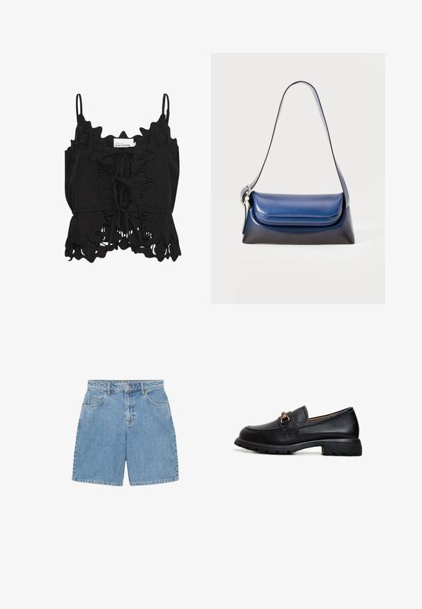 Crni top bez rukava s naboranim rubovima, složenim čipkastim detaljima i vezanjem sprijeda, izrađen od lagane tkanine.; Traper šortsevi u svijetloplavoj boji, s visokim strukom, četiri džepa i vidljivim šavovima. Napravljeni od teksturiranog traper materijala.; Crni kožni loafer s zaobljenim vrhom, ukrasnim zlatnim detaljima i čvrstim gumenim đonom koji ima uzorak teksturirane potpore.; Morska kožna torba s glatkom površinom, poželjno zaobljenog oblika, s preklopnim vrhom i jednim remenom za rame. Uključeni su dodaci od srebrnog hardvera.; Tri su bježne gumice za kosu: jednu crnu od tkanine, jednu bijelu od tkanine i jednu crnu s teksturiranim srebrnim uzorkom i rubovima. Mekani, skupljeni dizajn.