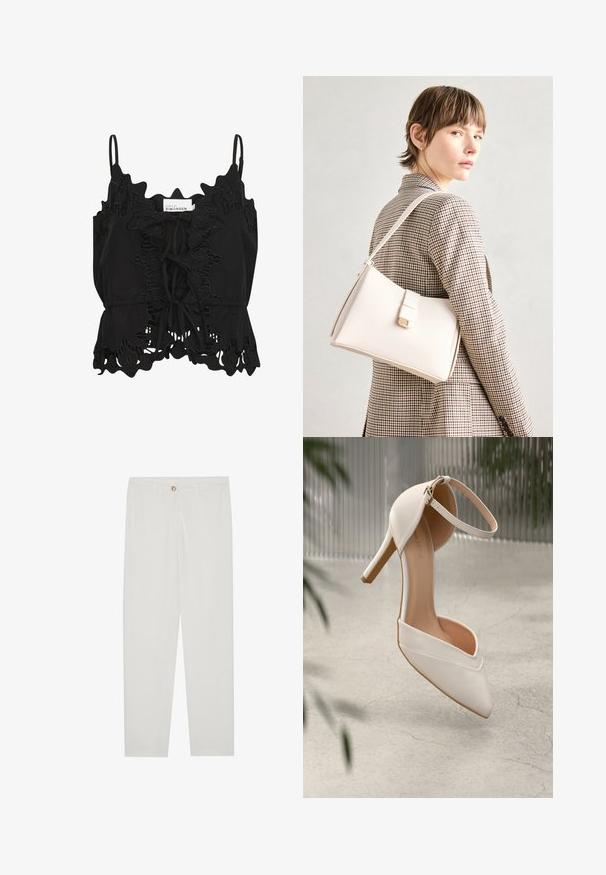 Zwarte mouwloze top met gerimpelde randen, ingewikkelde kantdetails en een strik aan de voorkant, gemaakt van een lichtgewicht stof.; Witte, op maat gemaakte broek met een rechte pijpdesign, featuring een knoopsluiting, riemlussen en zijzakken; gladde stoftextuur.; Witte high heel schoen van soepel materiaal met een puntige neus en enkelbandje. Heeft een lichtbruine binnenkant en goudkleurige hardware accent.; Witte leren handtas met een gestructureerd ontwerp, voorzien van een magneetsluiting en een schouderriem, tentoongesteld tegen een neutrale achtergrond.