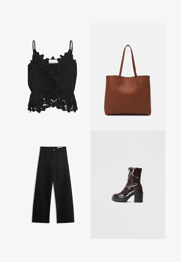Black sleeveless top featuring ruffled edges, intricate lace detailing, and a tie at the front, made from a lightweight fabric.; Black wide-leg denim pants with a high waist, featuring front and back pockets, stitched seams, and a button closure. Smooth texture.; Glossy burgundy ankle boot with a chunky black heel, featuring a smooth texture and simple design. No visible fastenings or patterns.; Brown leather tote bag with a smooth texture, open top design, and two shoulder straps. Features minimal stitching and no visible hardware.