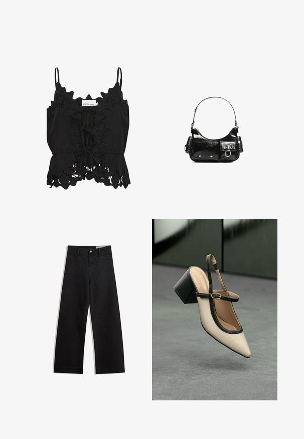 Crni top bez rukava s naboranim rubovima, složenim čipkastim detaljima i vezanjem sprijeda, izrađen od lagane tkanine.; Crne široke traperice s visokim strukom, s prednjim i stražnjim džepovima, šivenim šavovima i kopčanjem na gumb. Glatka tekstura.; Bež cipele s otvorenom petom i šiljastim vrhom, crnim obrubom, zlatnom kopčom i debelim blok-petom na sivom podu s tamnozelenom pozadinom.; Crna patentna kožna torba s zakrivljenim oblikom, jednim remenom za rame, prednjim džepovima i akcentima od srebrnog tona.