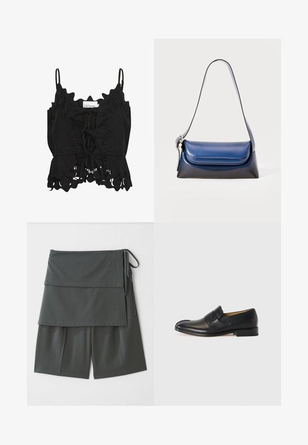 Schwarzes ärmelloses Top mit Rüschenkante, filigranen Spitzenverzierungen und einer Schleife vorne, aus einem leichten Stoff gefertigt.; Dunkelgraue unisex Shorts mit einem geschichteten Design, featuring ein oberes Panel und Bänder an der Seite. Hergestellt aus einem glatten, leichten Stoff.; Schwarze Lederloafer mit glatter Textur, einer abgerundeten Spitze und einem auffälligen Riemen an der Vorderseite; verfügt über ein minimalistisches Design.; Marinefarbene Lederhandtasche mit glatter Oberfläche, rundem Design, gefaltetem oberen Teil und einem einzelnen Schulterriemen. Inklusive silberner Hardware-Akzent.