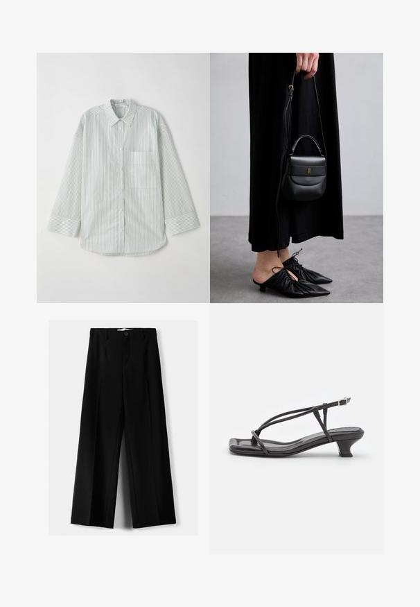 Light green striped long-sleeve button-up shirt with a collar, featuring a single chest pocket and a curved hemline.; Black wide-leg trousers made of lightweight fabric, featuring a front button closure and flat front, with neatly stitched hems.; Black leather sandal with thin straps, low block heel, and square toe. Features a buckle closure and smooth texture.; Small black leather handbag with a rounded shape, top handle, and removable strap. Worn with black fabric dress and black pleated shoes.; Pearl hoop earrings featuring a gold-tone metal clasp. The design includes several smooth, white pearls in a circular shape.