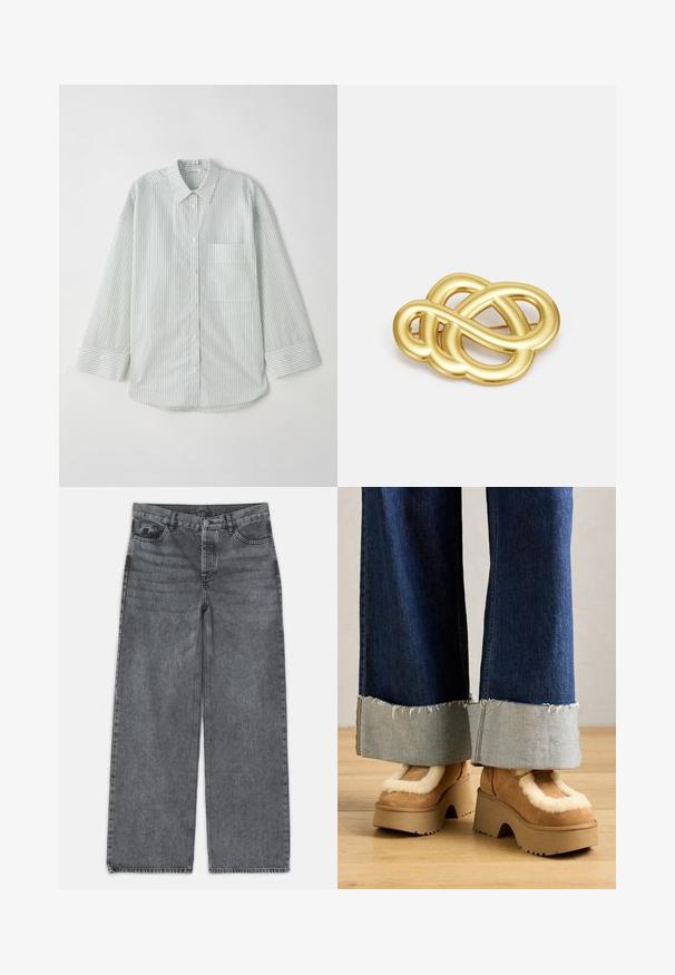 Hellgrünes, gestreiftes Langarmhemd mit Knopfleiste und Kragen, ausgestattet mit einer einzelnen Brusttasche und einem abgerundeten Saum.; Weite Jeans in dunkelgrauem Denim. Verfügt über eine hohe Taille, ein Fünf-Taschen-Design und einen Frontknopfverschluss. Glatte Textur mit subtilen Auswaschungen.; Braune Wildleder-Plateau-Stiefel mit cremefarbener Fellfütterung, kombiniert mit weiten Denim-Hosen mit fransigen Säumen und einem helleren Denim-Bündchen.; Goldfarbener Brosche mit einem geknoteten Design, sanften, geschwungenen Linien und einer filigranen Form, die eine polierte Oberfläche widerspiegelt.