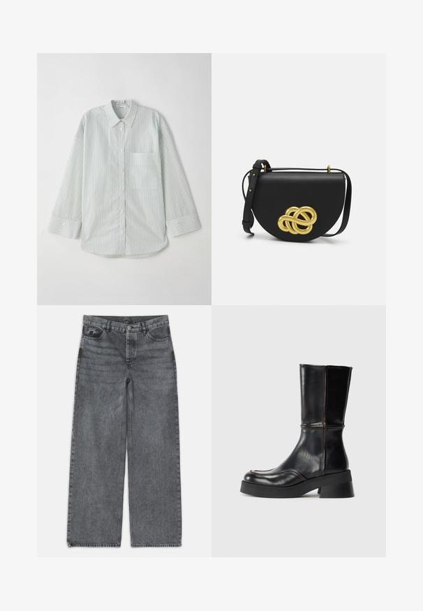 Világos zöld csíkos, hosszú ujjú ing, gallérral, egyetlen mellzsebbel és ívelt aljjal.; Sötét szürke denim széles szárú farmer. Magas derekú, öt zsebes kialakítással és elöl gombos záródással rendelkezik. Simább textúrájú, enyhe kopással.; Fekete bőr bokapucs blokksarkúval, kontrasztos varrással és ívelt orr kialakítással. Simább textúra, elegáns vonalvezetés.; Fekete bőr kézitáska lekerekített formával, az elején egy nagy arany díszes csomóval és állítható pánttal.