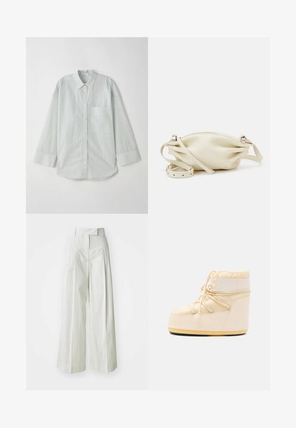 Light green striped long-sleeve button-up shirt with a collar, featuring a single chest pocket and a curved hemline.; Wide-leg trousers in light green with vertical white stripes. Features a high waist, belt loops, and a smooth cotton texture.; Light beige Moon Boot with a rounded toe, drawstring closure, and textured rubber sole. Features white branding and smooth synthetic materials.; Cream leather clutch bag with a gathered design, featuring a zip closure and a removable adjustable strap. Smooth texture, minimal hardware.; Pearl hoop earrings featuring a gold-tone metal clasp. The design includes several smooth, white pearls in a circular shape.