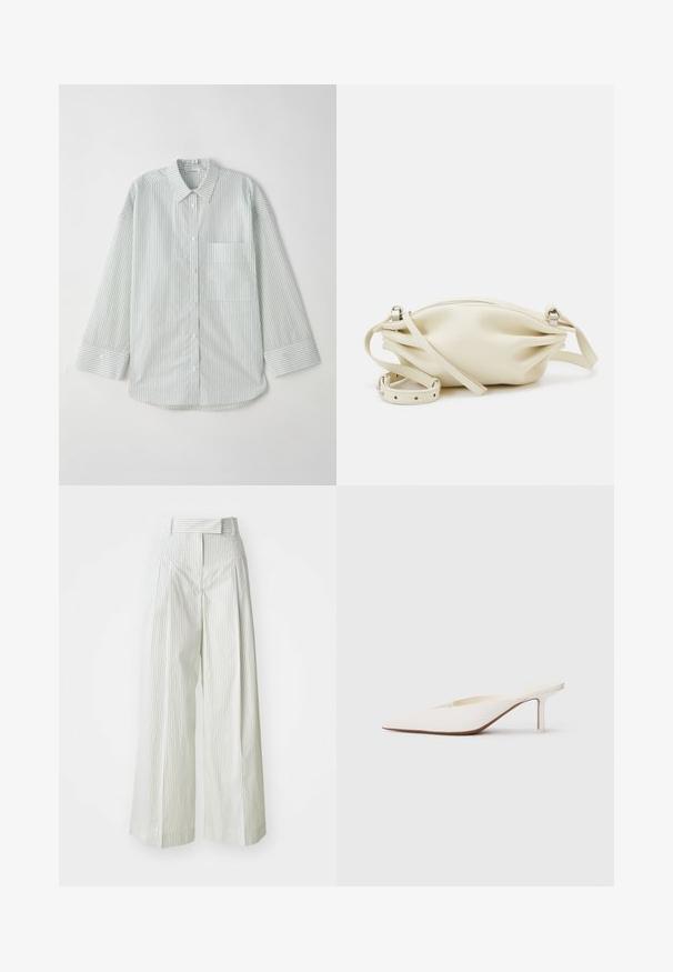 Lys grøn stribede langærmede skjorte med knaplukning og krave, med en enkelt brystlomme og en buet kant.; Løse bukser i lys grøn med lodrette hvide striber. Har høj talje, bæltestropper og en glat bomuldsstruktur.; Spids-tået hvid mule med en lav stilettohæl. Fremstillet af glat materiale med et minimalistisk design og diskret tan såldetalje.; Creme læder clutchtaske med en sammensat design, der har en lynlåslukning og en aftagelig justerbar rem. Glat tekstur, minimal hardware.; Perle hoop øreringe med en guldtonet metalclasps. Designet inkluderer flere glatte, hvide perler i en cirkulær form.
