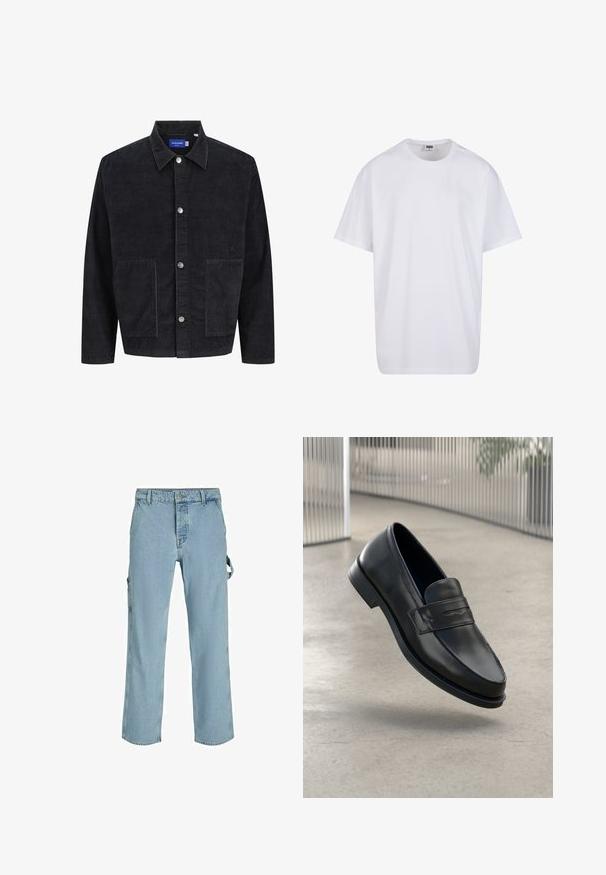 Musthave tumesest kangast paksus, millel on krae, ees nööbid ja kaks suurt taskut. Tekstuuriga kangas, millel on vertikaalne ribastus.; Valge puuvillane t-särk lühikeste varrukatega, ümmarguse kaelusega, lõdva lõikega ja ilma nähtavate logodeta või mustriteta. Sile tekstuur ja minimaalne disain.; Heledad sinine teksariidest cargo püksid lõdva istumisega, millel on külgsuunalised kinnitusaasad ja eesmine taskud, demonstreerides kulunud tekstuuri.; Mustast nahast mokassiin, sileda tekstuuri, terava ninaga ja kaunistava paelaga kanna peal. Kerge tallaga, minimalistlik disain.