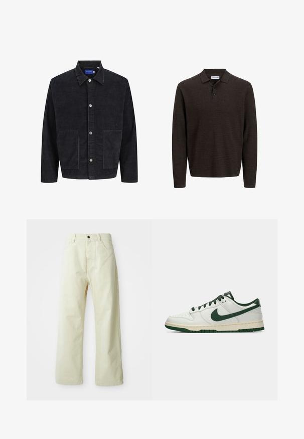 Czarna kurtka z korduroy z kołnierzem, zapięciem na guziki z przodu oraz dwoma dużymi kieszeniami. Teksturowany materiał z pionowymi prążkami.; Brązowa, długosleeveowa koszulka polo z teksturowanej tkaniny. Posiada klasyczny kołnierzyk i trzy guziki z przodu. Casualowy krój z prążkowanymi mankietami.; Jasnożółte spodnie z szerokimi nogawkami, wykonane z denimu, z zapięciem na guziki z przodu, pięcioma kieszeniami oraz prostym, nieozdobionym wzorem.; Białe sneakersy niskie z ciemnozielonym logo Nike, sznurowadłami i akcentami na podeszwie, pokazane z profilu na jednolitym białym tle.