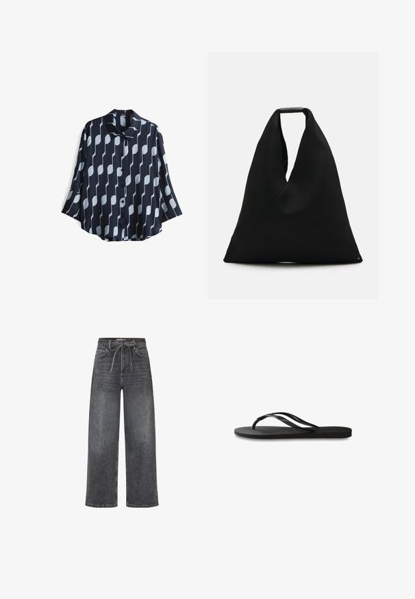 Camicia blu navy con bottoni, con un motivo di forme bianche verticali alternate, maniche corte e colletto classico. Tessuto liscio e leggero.; Jeans neri in denim a vita alta e gamba larga, con tasche frontali e una cintura in tessuto annodata a fiocco in vita.; Infradito neri con suola in gomma testurizzata, due cinghie sottili e un sottile dettaglio del logo impresso sulla cinghia.; Borsa tote in tessuto nero con un design unico a forma di V e una texture liscia. Presenta un manico corto con dettagli hardware minimalisti.