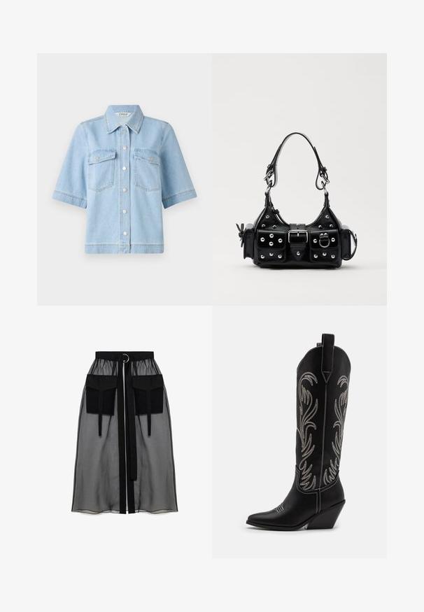 Light blue denim short-sleeve shirt with a pointed collar, two chest pockets, and silver snap buttons along the front. Clean, smooth texture.; Black sheer skirt with a gathered waistband, featuring two large front pockets, a waist tie, and a circular metal accent.; Black leather cowboy boots with pointed toes, wedge heels, and silver embroidered floral patterns along the shaft. Contrast stitching throughout.; Black leather handbag with a curved design, featuring silver studs, a buckle, and two side pockets. Adjustable strap for carrying options.