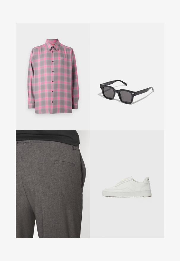 Camisa de cuadros gris de botones con acentos rosas, mangas largas, un collar clásico y un logo en la parte superior izquierda del pecho.; Camiseta blanca de algodón con mangas cortas, cuello redondo y un corte relajado. Presenta una pequeña etiqueta de marca en el lateral. Textura suave.; Pantalones grises ajustados con una textura suave, que cuentan con un bolsillo trasero y un diseño slim fit. La tela tiene un patrón sutil.; Zapatilla de cuero blanca con un acabado suave, puntera redonda, cordones planos y suela texturizada. Cuenta con un sutil logo en el talón.; Gafas de sol rectangulares negras con lentes oscuros, que presentan un marco grueso, acentos sutiles en los lados y sin logotipos visibles más allá del nombre de la marca.; Bolsa de lona en color beige claro con dos asas, con el logo "SAMSOE" impreso en blanco en la parte frontal. Forma rectangular con un diseño sencillo.