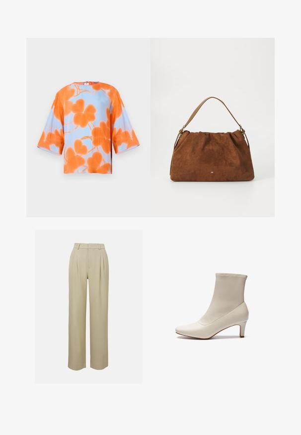 Kortærmet bluse med et orange blomstermønster på en lys blå baggrund, lavet af et glat stof, med en snøring på ryggen.; Beige, bredde benbukser lavet af glat stof, med forlængerplisseringer, skræddersyet taljebånd og sidelommer. Renset kantfinish.; Hvide ankelstøvler lavet af glat læder med spids tå og en kort, tapered hæl. Har et minimalistisk design og en sømløs overdel.; Brun ruskind handbag med en samlet design, der har en enkelt tan læderstrop og en subtil guld logo detalje på fronten.