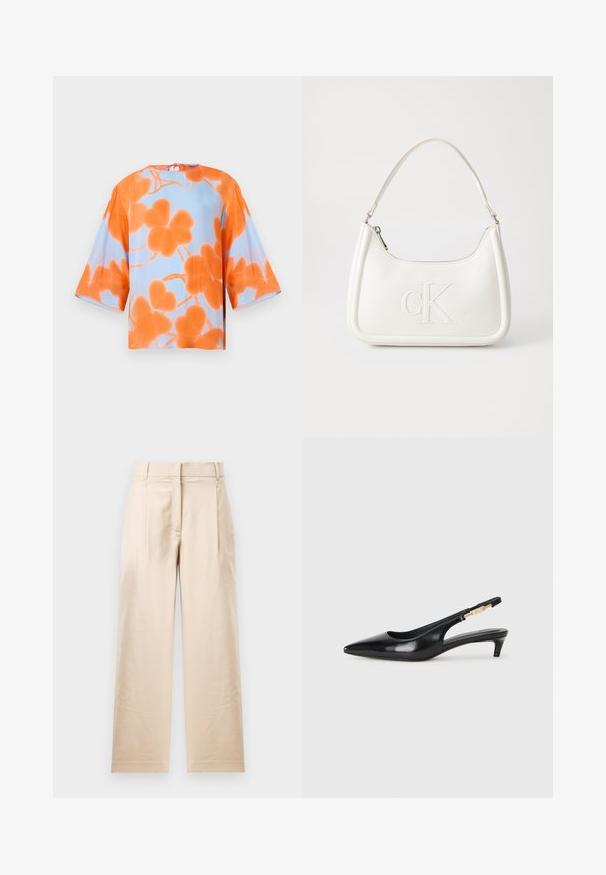 Korte piedurkņu blūze ar apelsīnu ziedu rakstu uz gaiši zila fona, izgatavota no gludas auduma, ar muguras sasaistes detaļu.; Bežīgas bikses, izgatavotas no gludas auduma. Raksturīga taisna fasona, plakana priekšpuse un divi kroki. Nav redzamu rakstu vai aksesuāru.; Melnas ādas slingback zābaki ar smailu purngalu, ar šauru papēdi un zelta krāsas akcentu uz regulējama siksniņas. Gluda tekstūra.; Balta ādas rokassoma ar noapaļotu formu, uz kuras priekšpuses ir izgriezts "CK" logo un viena plecu siksna. Augšā aizverama ar rāvējslēdzēju.