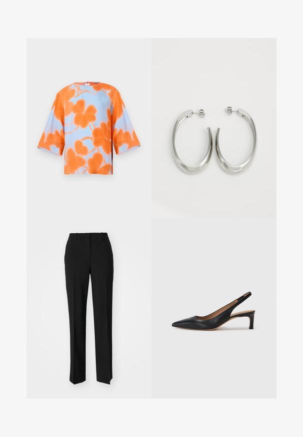 Blouse à manches courtes avec un motif floral orange sur fond bleu clair, fabriquée dans un tissu doux, dotée d'un détail de lien au dos.; Pantalon noir ajusté avec une coupe droite, présentant une texture lisse et des plis nets sur le devant. Aucune quincaillerie visible.; Escarpin slingback en cuir noir avec un bout pointu, un petit talon et une texture lisse. Doté d'une fine sangle réglable pour un ajustement sécurisé.; Boucles d'oreilles en argent avec un design lisse et courbé. Présentent une finition métallique brillante et une fermeture à clou. Pas de motifs ou d'accents visibles.
