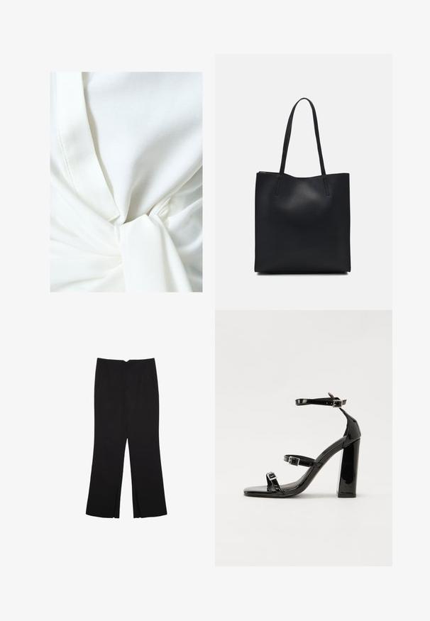 Valkoinen kangas toppi, jossa on solmu yksityiskohta vyötäröllä, hieno rakenne ja keveä, roikkuva muotoilu. Saumasto on näkyvissä.; Mustat housut suoralinjaisella leikkauksella, joissa on etutaskut ja sivurei'ät helman alla. Valmistettu pehmeästä ja sileästä kankaasta. Sopii eri tilaisuuksiin.; Musta kiiltävä korkokenkä sandaalit neliönmuotoisella varpaalla, nilkkaremmillä ja hopeisilla soljilla. Varustettu tukevalla lohkokorkealla vakauden takaamiseksi.; Mustapahkainen kangaskassi, jossa on sileä pinta, suorakaiteen muotoinen ja kaksi pitkää kahvaa. Ei näkyvää metalliosaa tai koristeita.