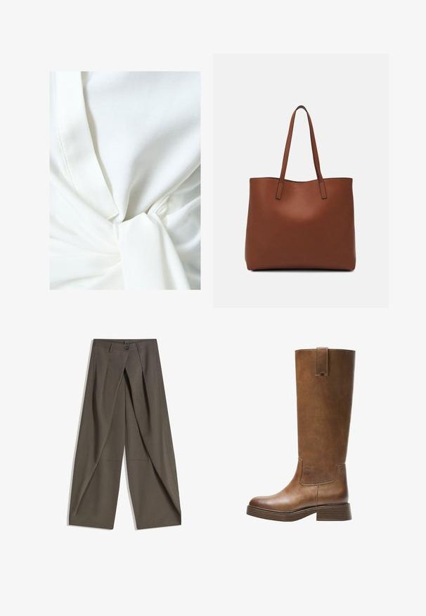 Vit tygblus med en knutdetalj i midjan, som har en mjuk textur och en lätt, draperad design. Sömmen är synlig.; Breda byxor i en strukturerad, mörkgrå tyg. Har en framfålla, knäppning med knapp och sidofickor för praktisk användning.; Bruna läderknähöga stövlar med rund tå, texturerad yta och en staplad låg klack. Har en sidopanel och ett dragöglan högst upp.; Brun läder tote-väska med en slät textur, öppen toppdesign och två axelremmar. Har minimal söm och ingen synlig metalldetalj.