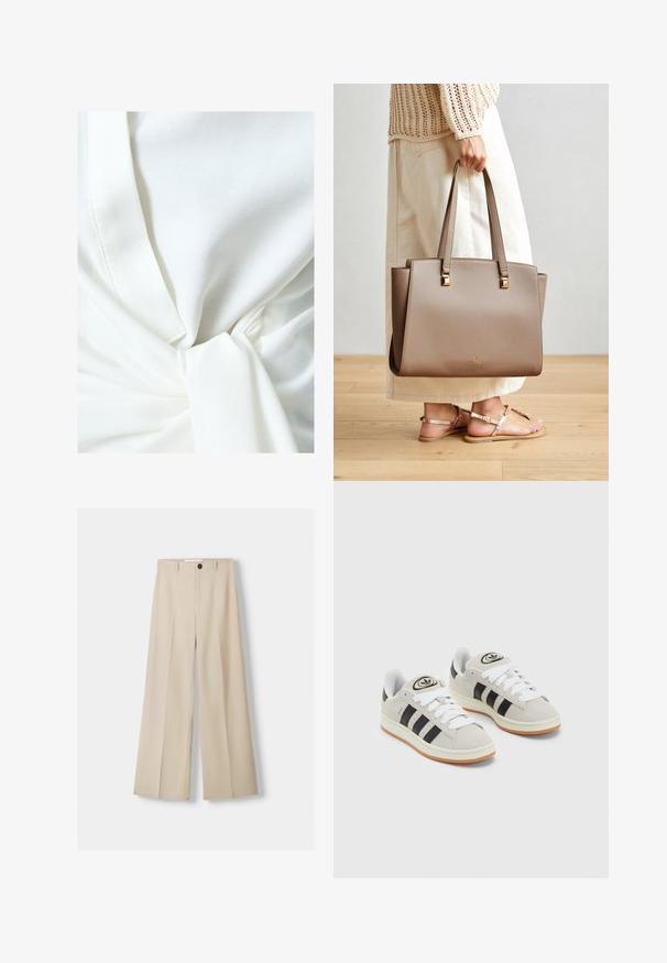 Haut en tissu blanc avec un détail en nœud à la taille, doté d'une texture lisse et d'un design léger et drapé. Les coutures sont visibles.; Pantalons larges beiges avec une texture lisse, présentant une fermeture à bouton à l'avant et deux poches latérales. Design ajusté et détail plissé à l'avant.; Baskets en suède gris avec des lacets blancs, des rayures noires et une semelle en caoutchouc blanc. Présentent un logo circulaire sur la languette et une semelle en gomme.; Sac fourre-tout synthétique marron avec deux longues anses, accents métalliques carrés et un logo discret. Porté avec une jupe crème claire et des sandales.