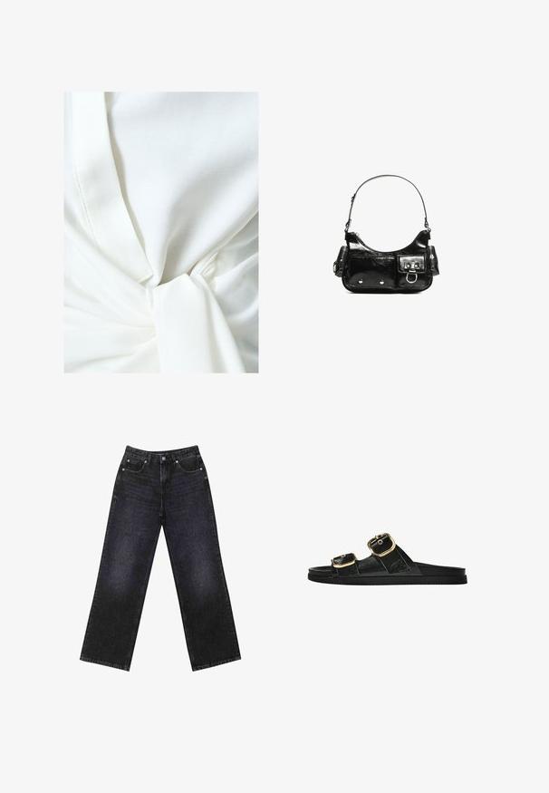 Hvid stof top med knude detalje i taljen, med en glat tekstur og et let, draperet design. Sømsyninger er synlige.; Højtaljede sorte denim jeans med en bred benklip, fem-lomme design og synlig syning. Stoffet har en glat, let tekstureret finish.; Sort skridsandal med to guldspænder, glat tekstureret materiale, flad sål og et minimalistisk design.; Sort patenteret læder håndtaske med en buet form, en skulderrem, frontlommer og hardware accenter i sølvfarve.