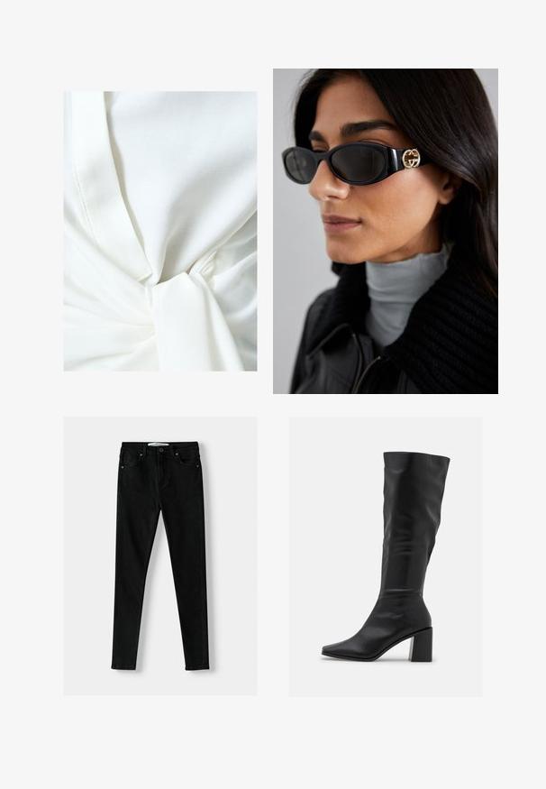 Witte stof top met een knoopdetail in de taille, met een gladde textuur en een lichte, gedrapeerde uitstraling. Naadstiksel is zichtbaar.; Zwarte slim-fit jeans gemaakt van denim, met een klassiek vijf-pocket ontwerp, ritsvlieg en metalen knoopsluiting. Glad oppervlak door het hele stuk.; RAID BLICK - Laarzen - black; Zwarte zonnebril met een stijlvolle rechthoekige montuur en een gouden logo-accent aan de zijkant. Donkere lenzen en een glanzende afwerking zijn opvallend.