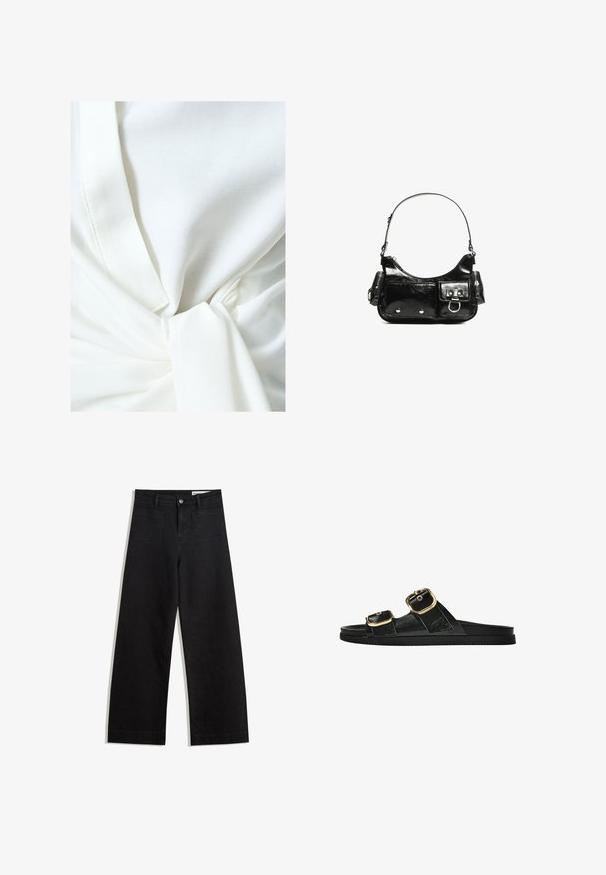 Valkoinen kangas toppi, jossa on solmu yksityiskohta vyötäröllä, hieno rakenne ja keveä, roikkuva muotoilu. Saumasto on näkyvissä.; Mustat leveät farkut korkealla vyötäröllä, joissa on etu- ja takataskut, ommellut saumat ja nappisuljenta. Silkinoinen rakenne.; Musta liukusandaali, jossa on kaksi kultaisesta solkesta tehtyä korostusta, sileäpintainen materiaali, litteä pohja ja minimalistinen muotoilu.; Mustekko mustasta kiiltonahasta valmistettu käsilaukku, jossa on kaareva muoto, yksi olkahihna, etutaskut ja hopeanväriset yksityiskohdat.