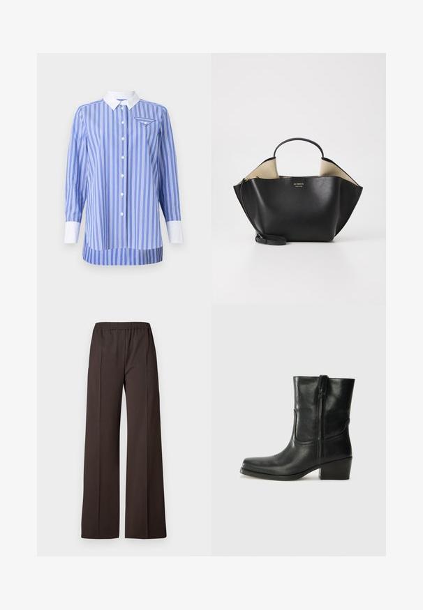 Blå och vit randig skjorta med långa ärmar, knäppning framtill och vit krage och manschetter. Har en liten ficka på vänster bröst.; Vidbyxorna i mörkbrunt tyg har ett elastiskt midjeband och en slät yta med rena linjer för en skräddarsydd look.; Svart läderankelboot med rund tå, blockklack, sidodragkedja och sömmar på ovandelen. Slät textur, klassisk design.; Ree Projects ANN TOTE MINI - Handväska - black