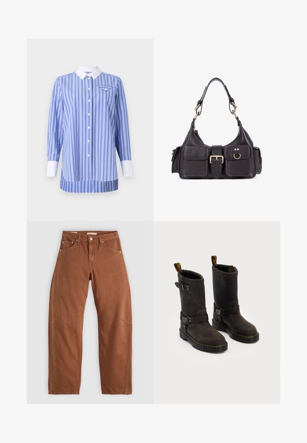 Blå og hvid stribet skjorte med lange ærmer, knappet foran og hvid krave og manchetter. Har en lille lomme på venstre bryst.; Rustbrune straight-leg jeans med for- og baglommer, metalnitter, knaplukning og bæltestropper, lagt fladt på en hvid baggrund.; Mørkebrune læderstøvler med en midt-lægre design, gule syninger, justerbare spænder og trækflapper på toppen. Struktureret finish.; Mørk læderhåndtaske med to frontlommer, en central spænde og hardware i guldtoner. Glat tekstur med en buet silhuet.
