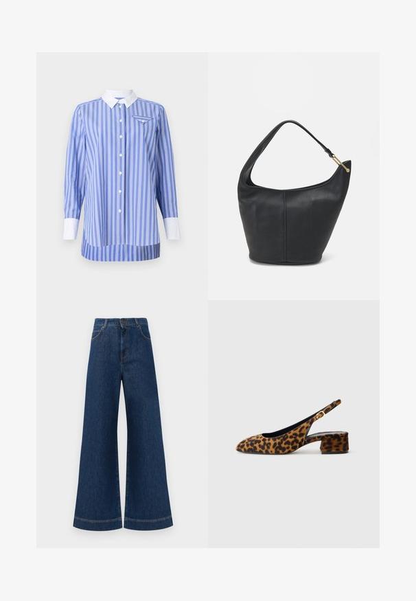 Blue and white striped shirt with long sleeves, button-down front, and white collar and cuffs. Features a small pocket on the left chest.; Wide-leg blue denim jeans with a high waist, featuring a button closure, belt loops, and subtle stitching details along the pockets and hems.; Women's leopard print slingback shoe with low block heel and gold buckle on side strap, shown in side profile on plain background.; Black leather handbag with a rounded shape, a wide strap, and a textured finish. Features a subtle seam detail and a gold-tone hardware accent.