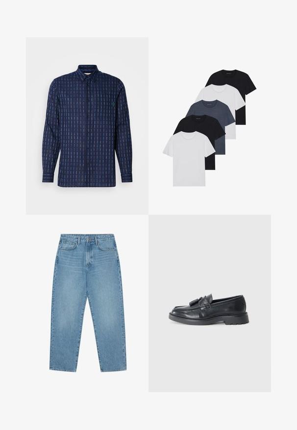Cămașă navy cu mânecă lungă, având un model de dungi orizontale și verticale în nuanțe de albastru variate. Include un guler, un buzunar frontal și închidere cu nasturi.; Set de cinci tricouri în negru, alb și albastru închis. Fabricat din bumbac, cu mâneci scurte, design cu gât rotund și textură uniformă, fără modele.; Jeans din denim albastru deschis cu croială largă și talie înaltă, având cinci buzunare, bucle pentru curea și o textură moale, ușor decolorată.; Loafers din piele neagră, cu vârful rotund, o curea cu bentițe și o talpă groasă cu un model de profil. Textură netedă și design clasic.