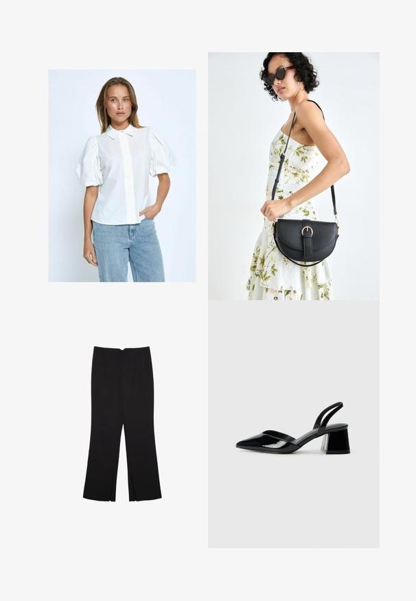 Blusa bianca con maniche a sbuffo, apertura con bottoni, colletto e texture uniforme, abbinata a jeans azzurri su uno sfondo neutro.; Pantaloni neri a gamba dritta, con tasche frontali e spacchi laterali all'orlo. Realizzati in tessuto morbido e liscio. Adatti a diverse occasioni.; Décolleté in vernice nera con punta affusolata e tacco in geometria cubica. Presentano un design elegante e minimalista, con una texture liscia.; Borsa a tracolla nera in pelle con una forma curva, manico rimovibile e accessori dorati. La borsa presenta una patta con un dettaglio a fibbia.