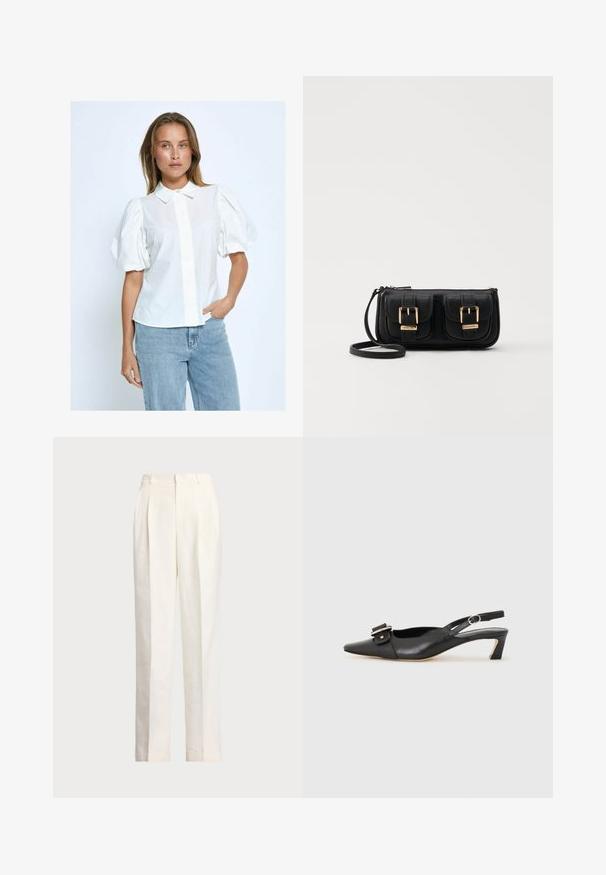 Hvid bluse med pufærmer, knaplukning, krave og ensartet tekstur, parret med lyseblå jeans på en neutral baggrund.; Polo Ralph Lauren HEMP WIDE LEG PANT - Bukser - nevis; Sorte læder slingback sko med spidse tæer, lille hæl og dekorativ spænde detalje på overdelen. Glat tekstur, minimalistisk design.; Sort læder crossbody taske med to frontlommer, guldspænder, lynlåslukning og en slank rem. Struktureret overflade og kompakt rektangulær form.