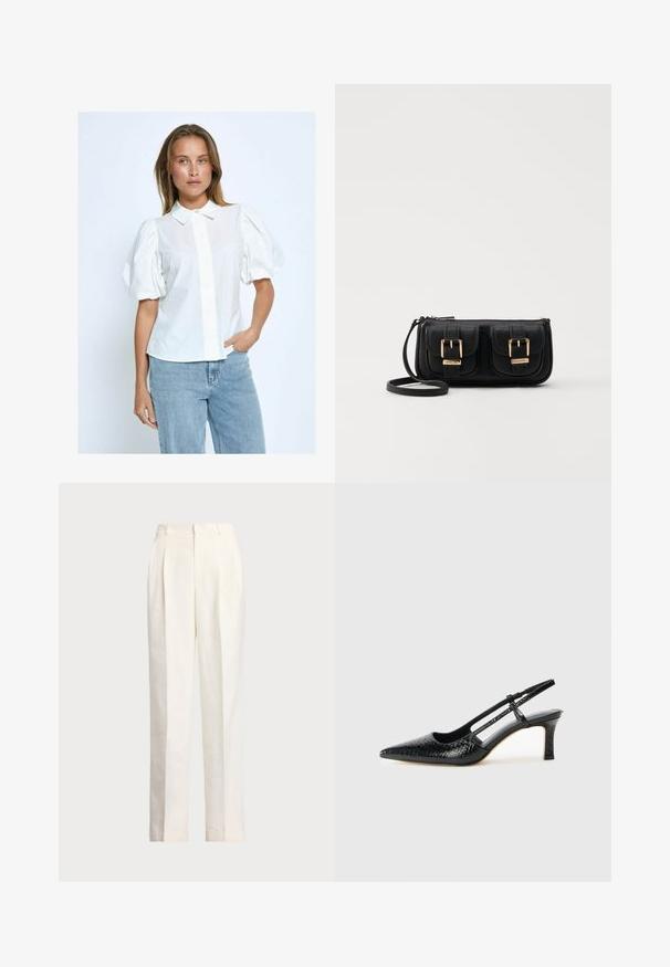 Hvid bluse med pufærmer, knaplukning, krave og ensartet tekstur, parret med lyseblå jeans på en neutral baggrund.; Polo Ralph Lauren HEMP WIDE LEG PANT - Bukser - nevis; Sorte patent slingback hæl med spids tå, prydet med tekstureret slangeskindsmønster, justerbar rem og en kort, tekstureret blokhæl.; Sort læder crossbody taske med to frontlommer, guldspænder, lynlåslukning og en slank rem. Struktureret overflade og kompakt rektangulær form.
