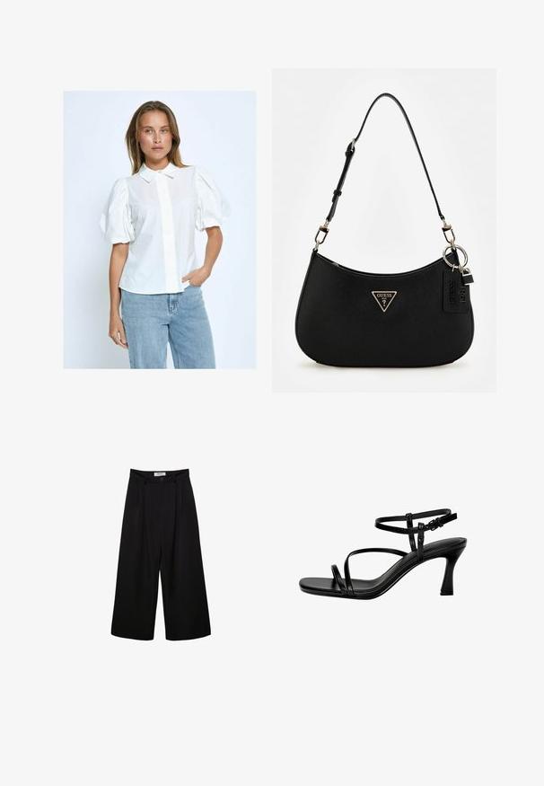 Weiße Bluse mit Puffärmeln, Knopfleiste, Kragen und einfarbiger Textur, kombiniert mit hellblauen Jeans vor einem neutralen Hintergrund.; Schwarze weite Hosen mit hoher Taille, gefaltetem Vorderteil und Knopfverschluss. Aus glattem Stoff mit maßgeschneidertem Design.; Schwarze Leder-Sandalen mit Absatz, ausgestattet mit dünnen Riemen, einer quadratischen Zehenpartie und einem Stiletto-Absatz. Verstellbarer Knöchelriemen für eine optimale Passform. Glatte Textur.; Schwarze synthetische Schultertasche mit geschwungenem Silhouette, strukturiertem Finish, goldenem Dreiecks-Logo und abnehmbaren Hardware-Akzenten.