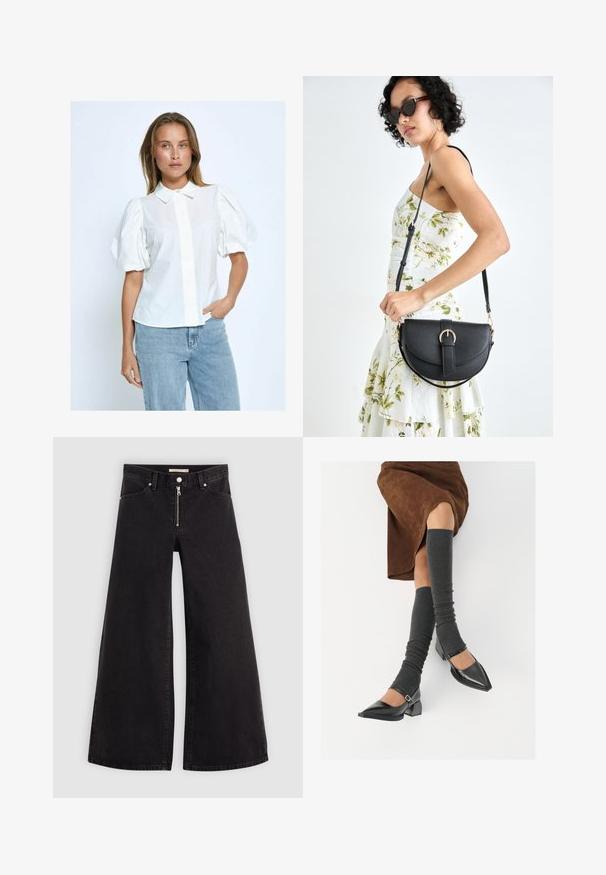 Bílá blůza s nadýchanými rukávy, knoflíkovým zapínáním, límečkem a jednolitou texturou, v kombinaci se světle modrými džíny na neutrálním pozadí.; Džíny s širokými nohavicemi v černém denimovém provedení se zipem vpředu, pěti kapsami a jemnými švy. Hladká textura a ležérní styl.; Černé lakované boty s špičatou špičkou, blokovým podpatkem a kotníkovým páskem, spárované s šedými žebrovanými návleky na nohy a hnědskou sukní z semiše.; Černá kožená kabelka s křivkovým tvarem, odnímatelným popruhem a zlatými detaily. Kabelka má klopu s přezkou.