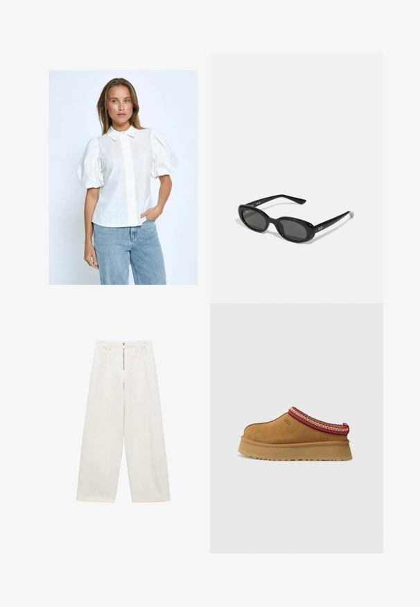 Bílá blůza s nadýchanými rukávy, knoflíkovým zapínáním, límečkem a jednolitou texturou, v kombinaci se světle modrými džíny na neutrálním pozadí.; Kalhoty se širokými nohavicemi z off-white bavlněné tkaniny. Disponují předním zipem a dvěma bočními kapsami. Hladká texturie a uvolněný střih.; Hnědé semišové slip-on boty s červeným a krémovým vzorovaným lemem, texturovanou podrážkou a logem UGG po straně. Obsahují mírnou výšku platformy.; Černé sluneční brýle s oválnými objektivy, lesklý plastový rám a štíhlé nožičky. Na boku se nachází bílé logo Ray-Ban.