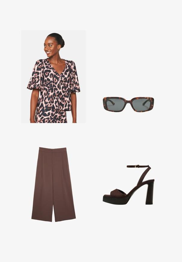 Pinkki ja musta leopardi-printti pusero, jossa on lyhyet puffihihat ja V-mallinen kaula-aukko, teksturoitu kangas ja rento istuvuus.; Ruskeat leveälahkeiset housut, joissa on sileä pinta, korkea vyötärö ja etupleat. Kangas on kevyttä ja laskeutuu väljänä.; Ruske kožne sandale s visokom potpeticom, otvorenim prstima, podesivim kopčanjem oko gležnja i prugastim platformskim đonom.; Silmälasit pähkinäkuoresta, joissa on suorakulmaiset linssit, paksut kehykset ja tummennetut linssit. Sileä pinta ja minimalistinen muotoilu.