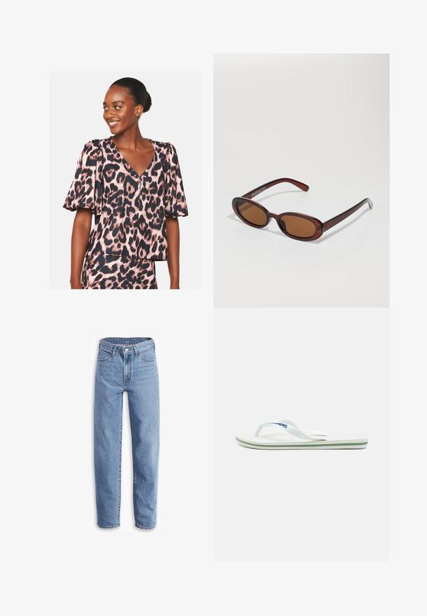 Blusa de estampado de leopardo en rosa y negro, con mangas cortas abullonadas y escote en V, tejido texturizado y diseño de corte relajado.; Vaqueros de mezclilla de color azul claro, con un ajuste relajado, pierna recta, diseño de cinco bolsillos y bajos deshilachados para un look casual.; Chancla blanca con una plantilla texturizada, tiras delgadas y una línea de acento multicolor en la suela. Presenta un logo en la tira.; Gafas de sol redondas con tinte marrón y un marco burdeos brillante. Patillas delgadas con un sutil detalle de marca. Diseño de lentes planos.