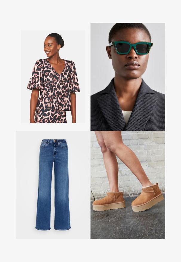 Leopardprint blouse in roze en zwart, met korte pofmouwen en een V-hals, textuurstof en een ontspannen pasvorm.; Middenblauwe high-waisted spijkerbroek met wijde pijpen, met knoop- en ritssluiting, en voor- en achterzakken, op een effen lichtgrijze achtergrond.; Bruine suède enkelboots met een zachte voering, dikke beige plateauzool en een achterste lus. Getextureerde oppervlakte met zichtbare stiksels.; Groene en gemarmerde zonnebril met een geometrisch montuur; donkere glazen; model draagt een gestructureerde zwarte blazer over een lichte blouse.; Zwarte synthetische schoudertas met een gebogen silhouet, textuurafwerking, gouden driehoeklogo en afneembare hardwareaccenten.