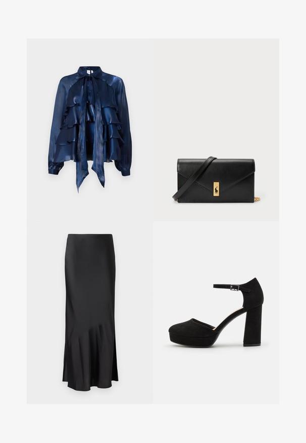 Navyblaue Seidenbluse mit Rüschenschichten, einem Schleifenkragen und langen Ärmeln mit gerafften Manschetten. Glatte Textur und leichtes Design.; Schwarzer Satin-Midi-Rock mit einem eleganten Design, der am Saum leicht ausgestellt ist und eine seitliche Schlitze für mehr Bewegungsfreiheit bietet. Glatte Textur.; Schwarze Wildleder-Plattformabsätze mit einem dicken Blockabsatz, runder Zehenpartie und einem Knöchelriemen, der mit einer Metallschnalle gesichert ist. Glatte Oberfläche über das gesamte Schuhwerk.; Schwarze Leder-Geldbörse mit Klappverschluss, goldfarbener Hardware und Logo-Akzent. Inklusive abnehmbarem Trageriemen.