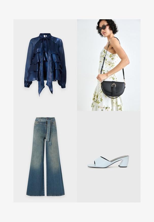 Tumši zila zīda blūze ar volāniem, ar loku piekārtu apkakli un garām piedurknēm ar savilktām aprocēm. Gluda tekstūra un viegla konstrukcija.; Platām kājām džinsu bikses ar gaismas līdz tumši zilam gradientam, augstu jostas līniju, jostas cilpām un atbilstošu auduma jostu. Tekstūrēts džinsas apdare.; Gaiši zilas atvērtā purngala papēžu mūlas ar ģeometrisku dizainu, kas ietver platu siksnu pāri pēdai un masīvu, stūrainu papēdi.; Melnas ādas rokassoma ar izliekta formu, noņemamu siksnu un zelta aksesuāriem. Somai ir vāciņš ar sprādzes detaļu.