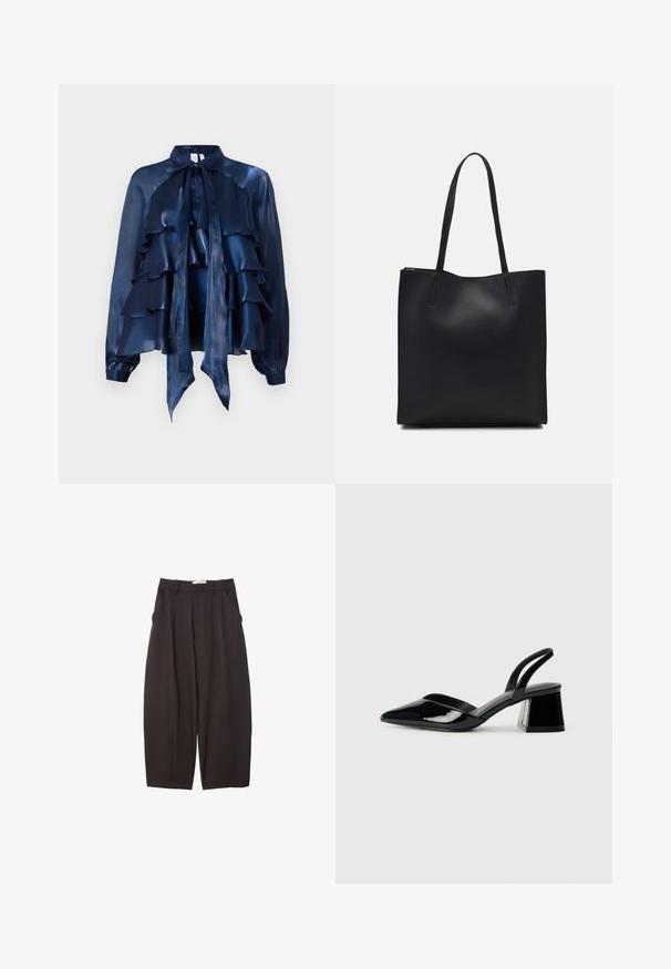 Blusa di seta blu navy con strati arricciati, colletto con fiocco e maniche lunghe con polsini arricciati. Texture liscia e design leggero.; Pantaloni neri a gamba larga realizzati in un tessuto morbido, con vita alta, pieghe frontali e tasche laterali. Design semplice senza decorazioni.; Décolleté in vernice nera con punta affusolata e tacco in geometria cubica. Presentano un design elegante e minimalista, con una texture liscia.; Borsa tote in pelle nera con texture liscia, forma rettangolare e due manici lunghi. Nessun hardware o decorazione visibile.