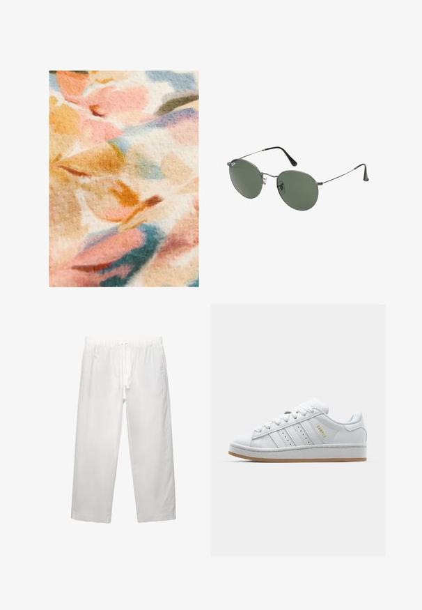 Cvjetni materijal s mekim pastelnim bojama, uključujući ružičastu, narančastu i plavu, s teksturiranom površinom i zamagljenim uzorkom.; Bijela pamučna majica kratkih rukava, s okruglim izrezom i opuštenim krojem. Glatka tekstura bez vidljivih uzoraka ili ukrasa.; Bijele lanene hlače s elastičnim pojasom sa vezicom, širokog kroja i čistim šavovima. Glatka tekstura s opuštenim fitom.; Bijele tenisice s perforiranim dizajnom u tri pruge, teksturiranim detaljima, gumeni potplat i zlatni "CAMPUS" logo na strani.; Naočale s metalnim okvirom i ovalnim zelenim staklima. Tanka srebrna metalna konstrukcija i crni silikonski jastučići za uši. Minimalistički dizajn, bez vidljivih logotipa.