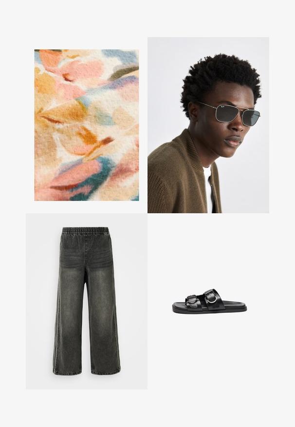 Lillelõngaga kangas, millel on pehmed pastelltooned, sealhulgas roosa, oranž ja sinine, tekstureeritud pind ja hägune mustridisain.; Mustmust värvi denim püksid elastse vöökoha ja laiade jalgadega, millel on külgedel peened vertikaalsed õmblusdetailid.; Mustad musta värvi plätud, millel on kaks reguleeritavat rihma hõbedaste pandlitega, tasane tallaosa ja sile matine viimistlus.; Prillid, millel on hõbedane metallist raam, piloodikujuline disain ja tumeda tooniga läätsed. Stiliseeritud ribakujulise pruuni bomber-jakiga.